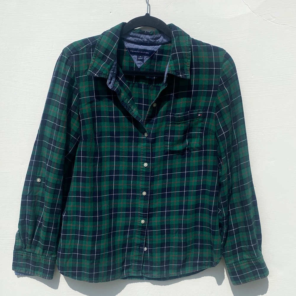 Tommy Hilfiger Green and Navy Plaid Button-Down Shirt 100% Cotton Size M